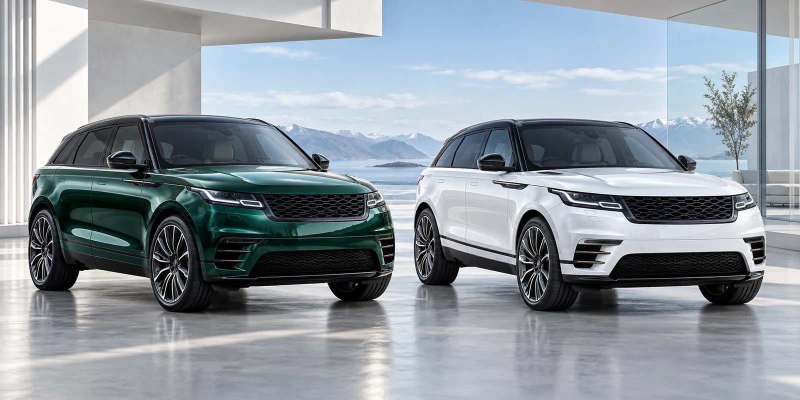 Illustrative glossy green and pristine white SUVs for Polar's two PPF series.